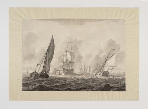 De Zuiderzee met het wegbrengen van een schip per scheepskameel naar de haven van Amsterdam, 1799. Collectie Stadsarchief Amsterdam
